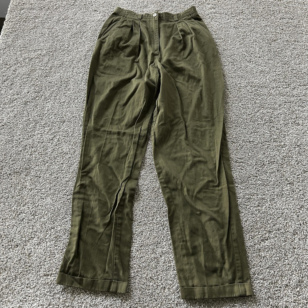 Vintage Liz Sport Pants Womens 8 Green Twill Khakis Pleated Cuffed Elastic Waist